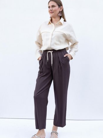 Coffee-Colored Elastic Waist Wide Leg Pants