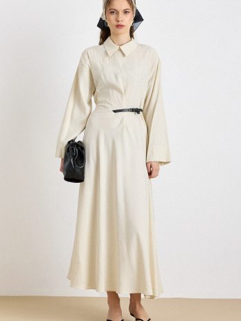 Premium Fabric Bell Sleeve Dress with Belt Accessories CREAM 9423-E