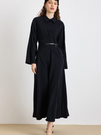 Premium Fabric Flared Dress with Belt Accessory BLACK 9423-E