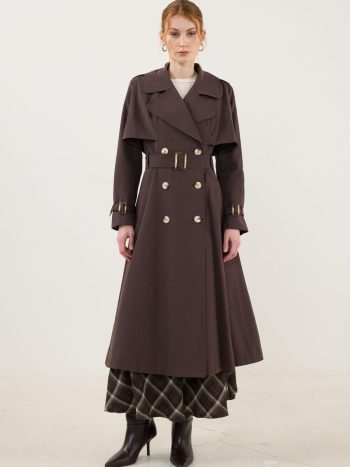 Classic Long Trench Coat with Belt Buckle in Bitter Coffee