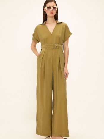 Short Sleeve Belt Detail Modal Jumpsuit GREEN 9342