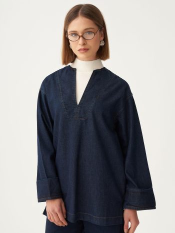 Dark Blue V-Neck Denim Shirt Tunic