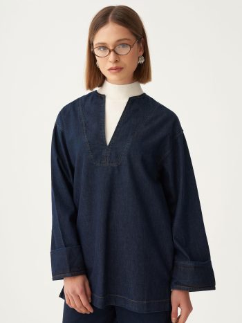 Koyu Mavi-V Yaka Denim Gömlek Tunik