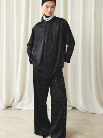 Tie-Neck Polka Dot Satin Set - Black