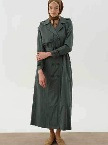 Crossover Sleeve Belted Overcoat - Khaki