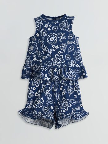 Indigo Bicycle Collar Floral Baby Girl Blouse and Shorts 2-Piece Set