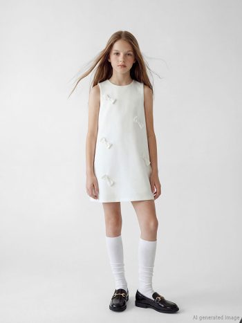 White Bow Detail Girls' Dress