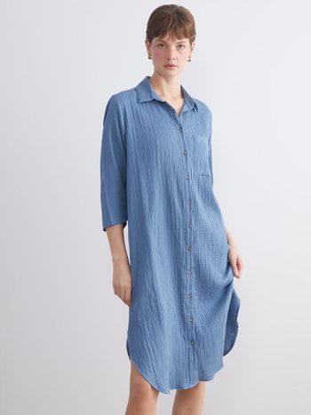 Blue Textured Muslin Shirt Dress