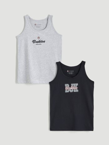 Black Crew Neck Beşiktaş Print Boys' Tank Top 2-Pack