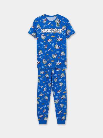 Mavi Bisiklet Yaka Baskılı Erkek Çocuk Pijama Takım