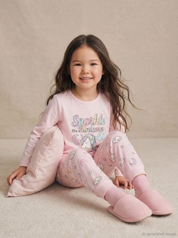 Pink Bicycle Neck Print Girls' Pajama Set