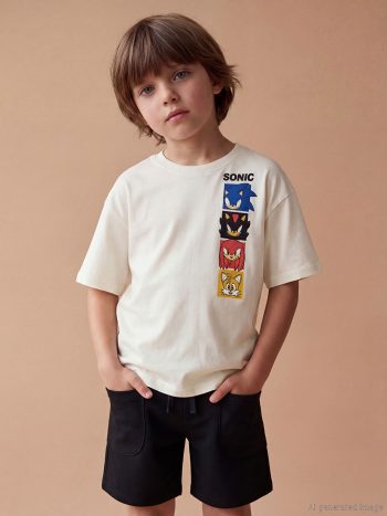 Beige Sonic Print Boys' T-Shirt