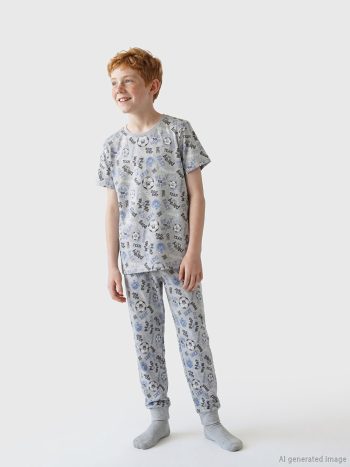 Gri Bisiklet Yaka Baskılı Erkek Çocuk Pijama Takım