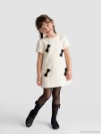 Ecru Bicycle Collar Bow Tie Girls' Tweed Dress