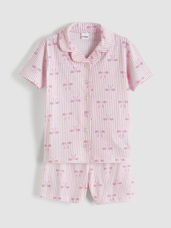 White Shirt Collar Bow Print Girls' Shorts Pajama Set