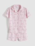 مجموعة بيجاما بنطلون قصير للفتيات بياقة قميص وطباعة ربطة عنق
