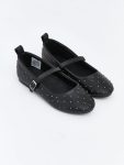 Black Bow Strap Staple Detail Girls' Ballet Flats
