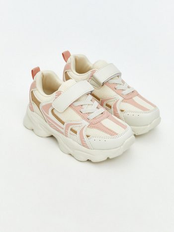 Beige Lace-Up and Velcro Girls' Sneakers