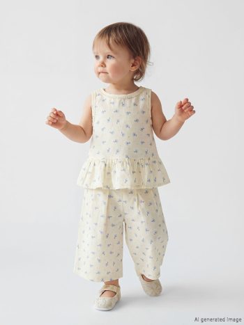 Beige Floral Baby Girl Blouse and Pants Set