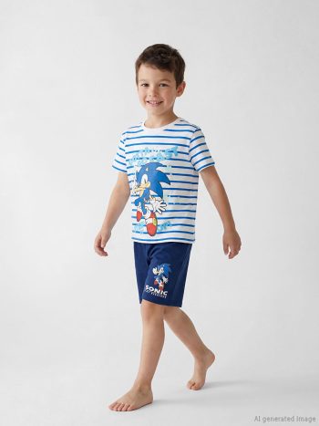 White Sonic Print Boys' Shorts Pajama Set