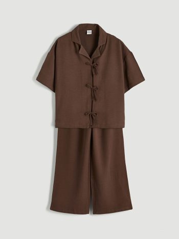 Brown Linen Blend Girls' Blouse and Pants Set