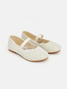 White Stone-Embellished Girls' Ballet Flats