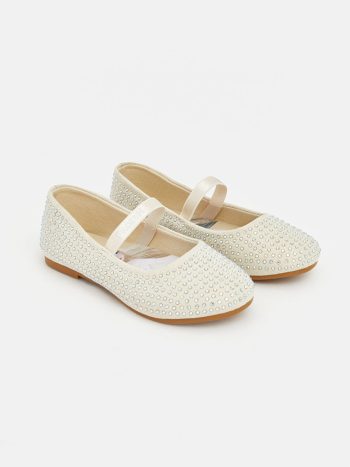 White Stone-Embellished Girls' Ballet Flats