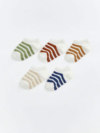 Ecru Striped Slipper Socks for Baby Boys - 5-Pack