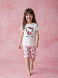 Ecru Hello Kitty Printed Girls' Shorts Pajama Set