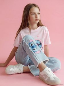 LCW Kids Blue Wideleg Stitch Print Girls' Denim Jeans