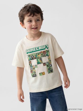 Bej Bisiklet Yaka Minecraft Baskılı Erkek Çocuk Tişört