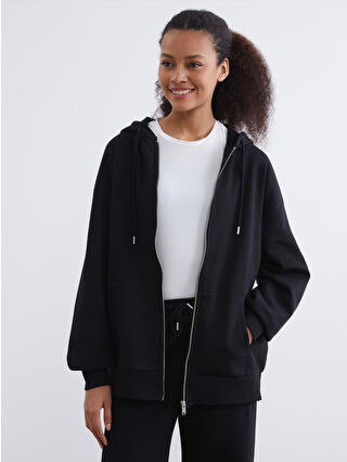 Black Hooded Women's Thick Zippered Sweatshirt