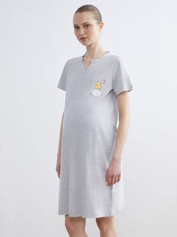 Gray Hen Print Maternity Nightgown with V-Neck