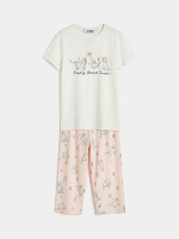 Ecru Bicycle Collar Printed Girls' Pajama Set