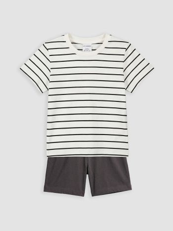 Ecru Striped Baby Boy T-Shirt and Shorts Set