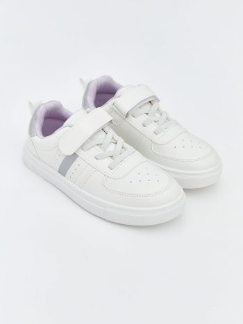 White Lace-Up and Velcro Girls' Sports Shoes