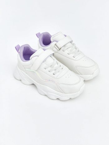 White Lace-Up and Velcro Girls' Sneakers