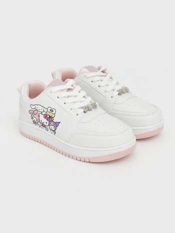 White Hello Kitty Print Lace-Up Girls' Sneakers