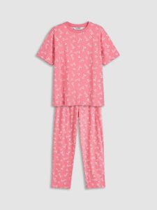 Pink Printed Round Neck Girls' Pajama Set