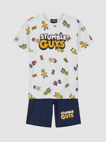 White Stumble Guys Printed Boys' Shorts Pajama Set