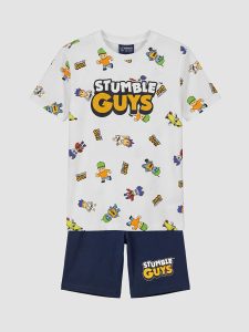 بيجامة أطفال قصيرة للصبيان مطبوعة بشعار Stumble Guys باللون الأبيض