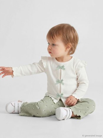 Ecru Ribbon Baby Girl Ribbed T-Shirt and Leggings Set