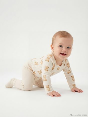 Bej Baskılı Erkek Bebek Çıtçıtlı Body ve Tayt