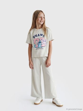 Gri Stitch ve Angel Baskılı Kız Çocuk Tişört ve Eşofman Altı