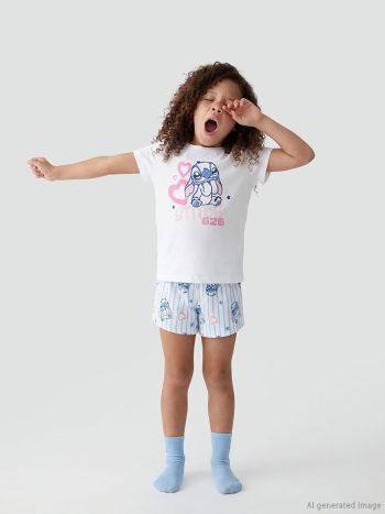 Ecru Stitch Print Girls' Shorts Pajama Set