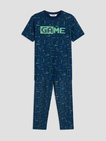 Navy Blue Bicycle Collar Printed Boys' Pajama Set
