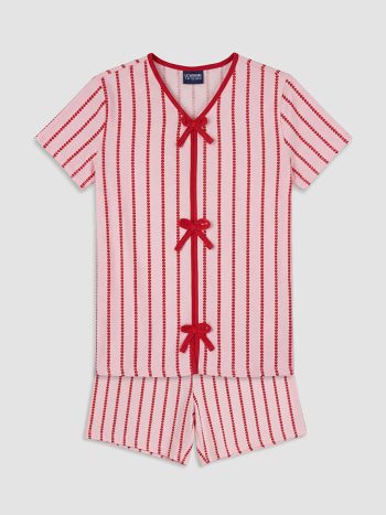 Pembe Fiyonk Detaylı V Yaka Kız Çocuk Şortlu Pijama Takımı