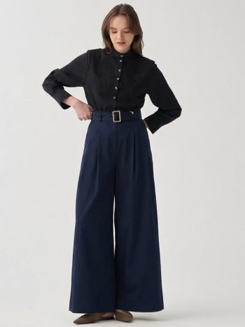 Lacivert-Kemerli Pileli Bol Paça Pantolon