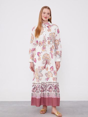 Rose Print Collar Dress with Waist Tie Detail