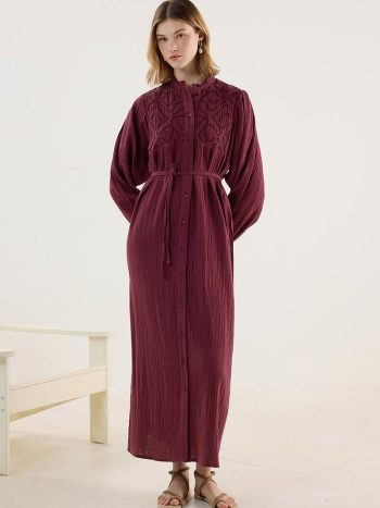 Embroidered Muslin Dress in Burgundy